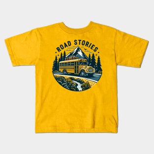 School Bus On An Adventurous Road Trip, Road Stories Kids T-Shirt